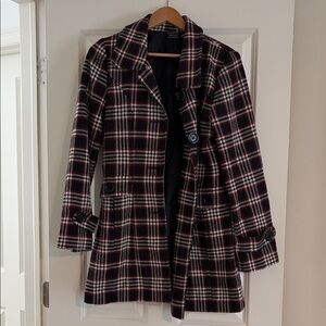 Plaid Wool Blend Women’s Peacoat Jacket - Black & Red